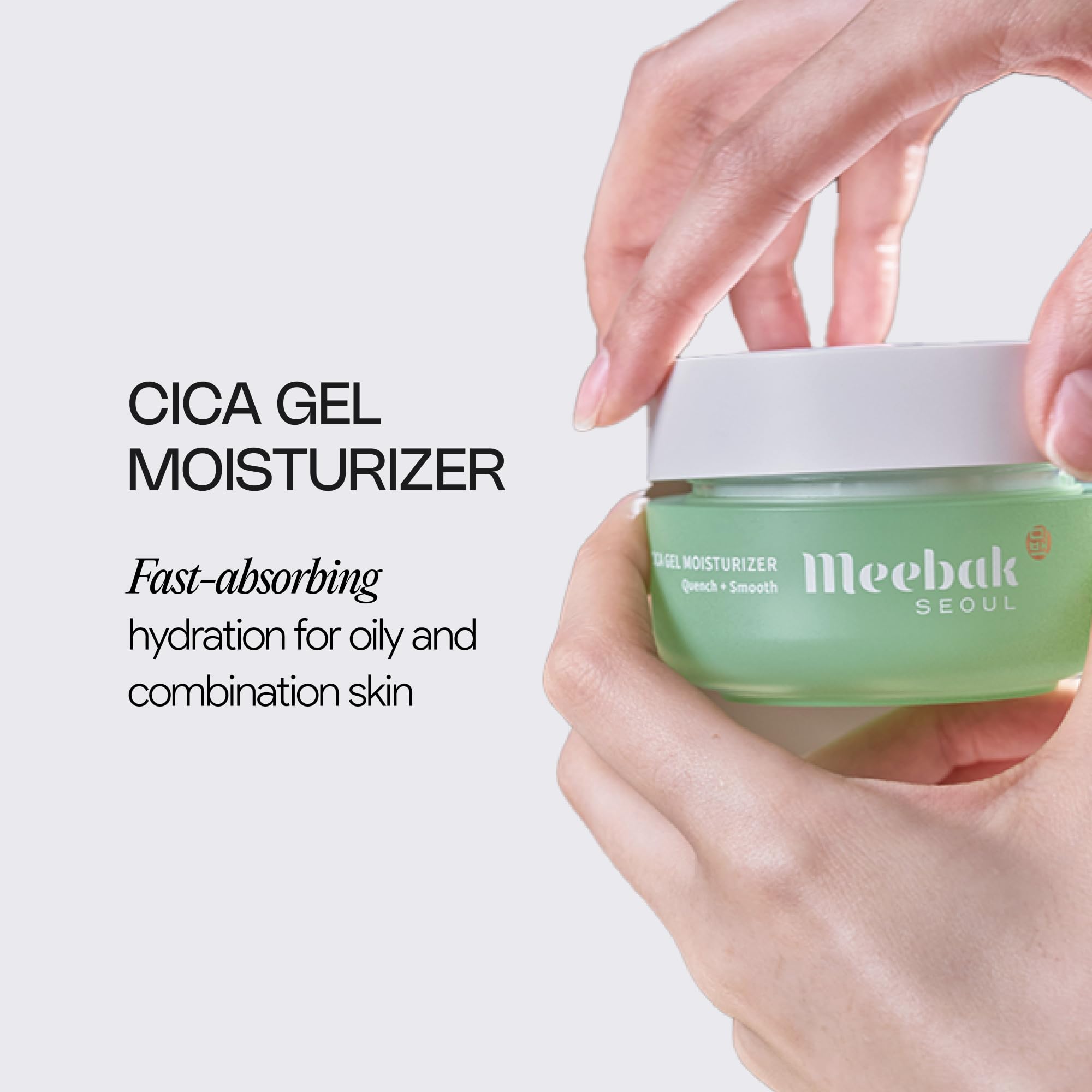 Meebak Cica Gel texture swatch application highlights fast-absorbing, non-greasy finish