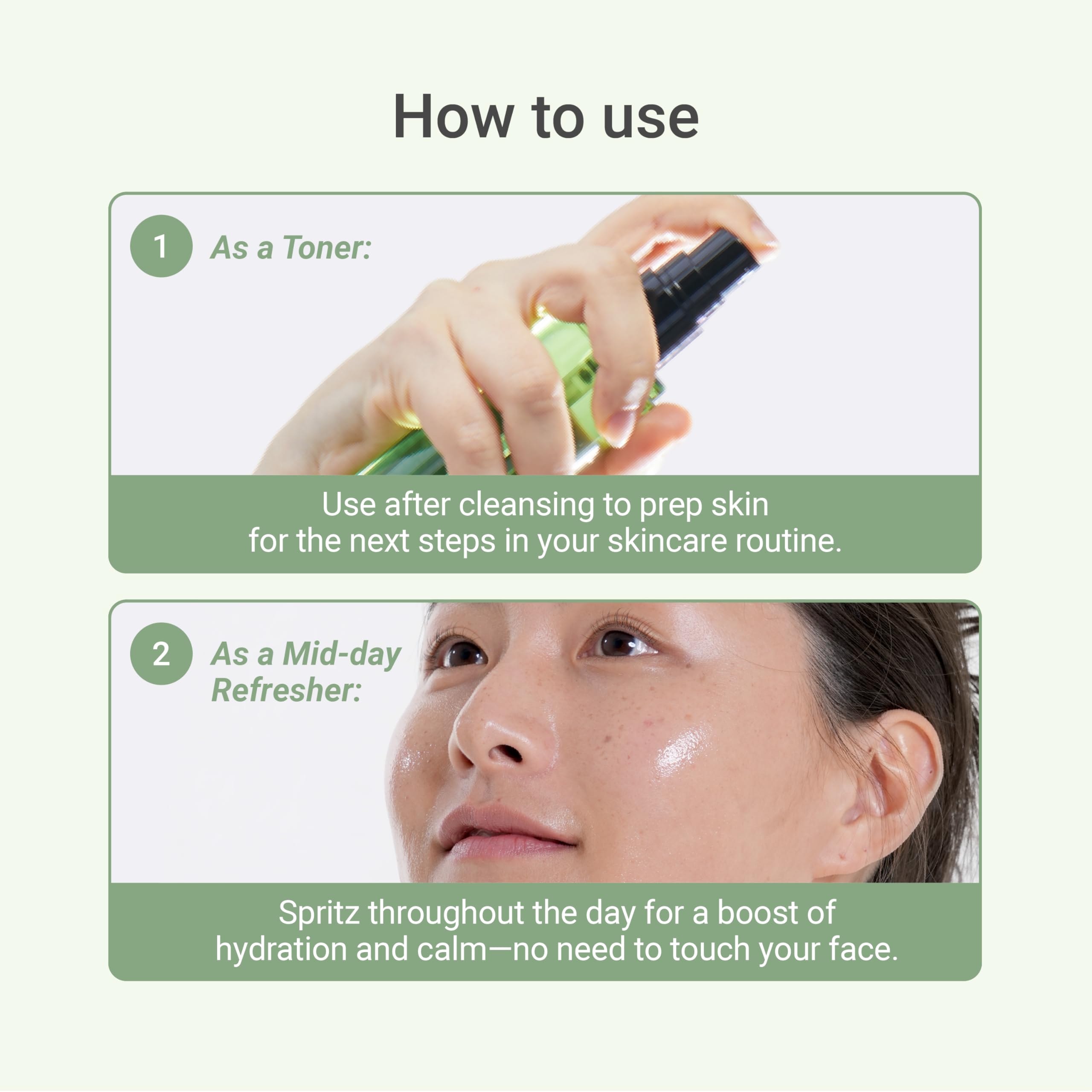 Meebak CICA Toner Spray skin-application shows easy, even mist.