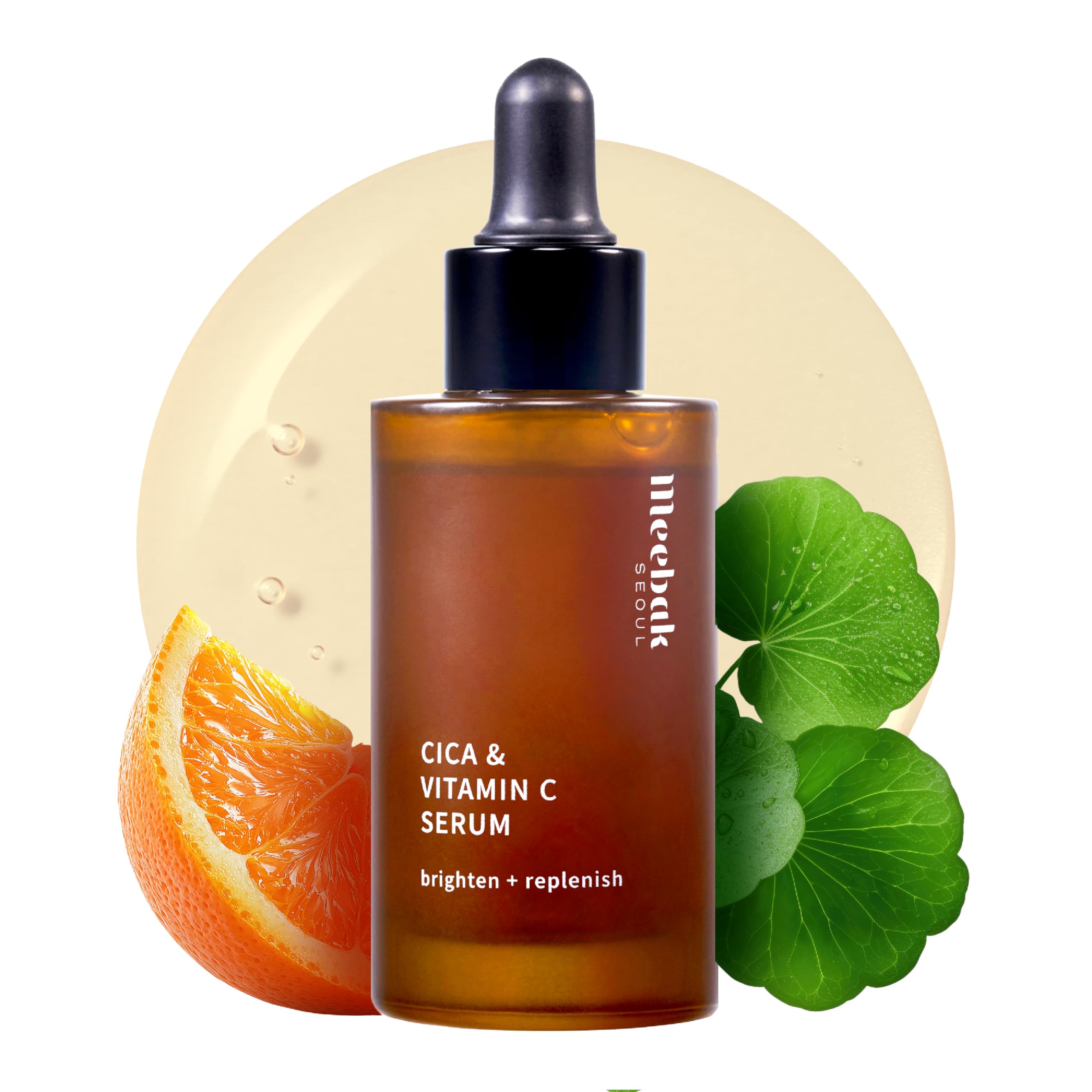 Meebak Vitamin C Serum bottle close-up for daily glow potential.
