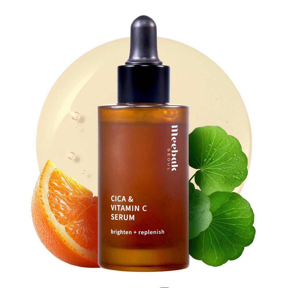 Meebak Vitamin C Serum bottle close-up for daily glow potential.