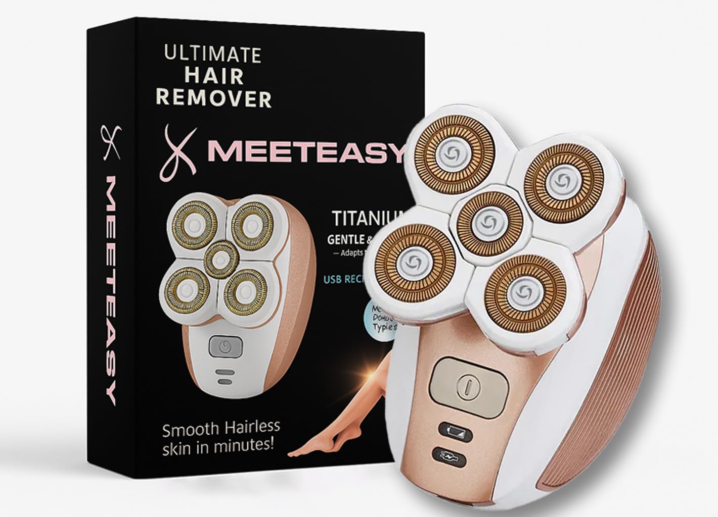 Meeteasy Electric Leg Shaver in use demonstrates painless, portable grooming on the go.