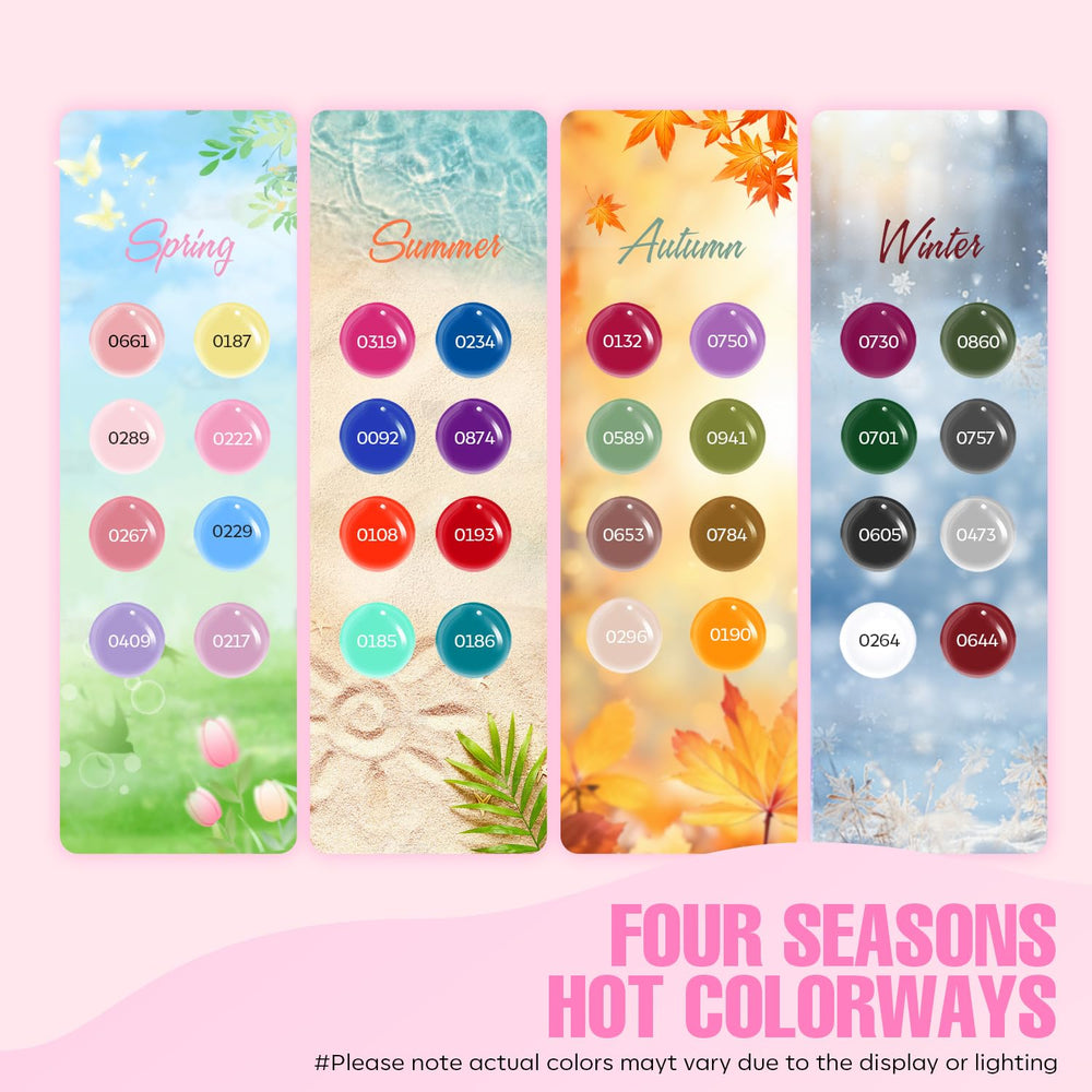 MEFA 32-color gel set spread on color swatches for nail art