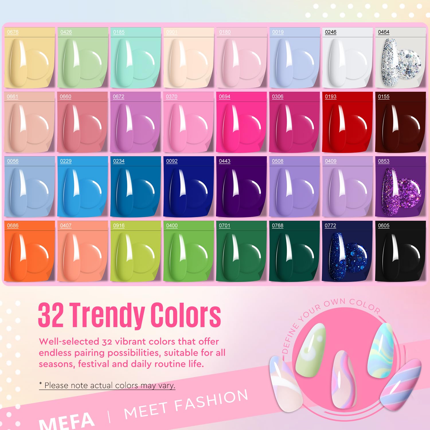 MEFA 32-color gel nail polish kit with vibrant spring pastels for creative nail art.