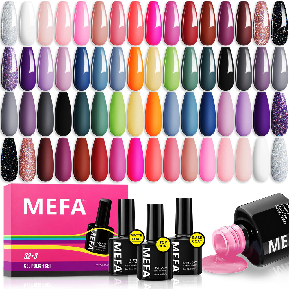 MEFA 35 Pcs Gel Nail Polish Set open case shows 32 shades for DIY manicures.