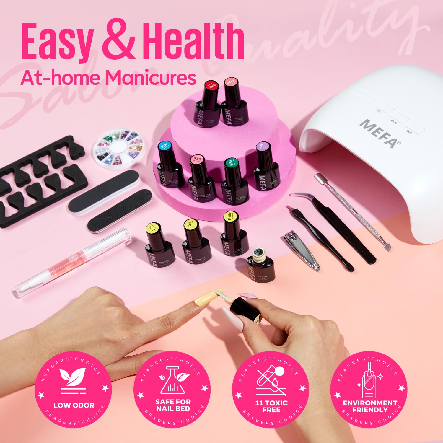 MEFA cuticle tools including pusher and clipper for precise prep.