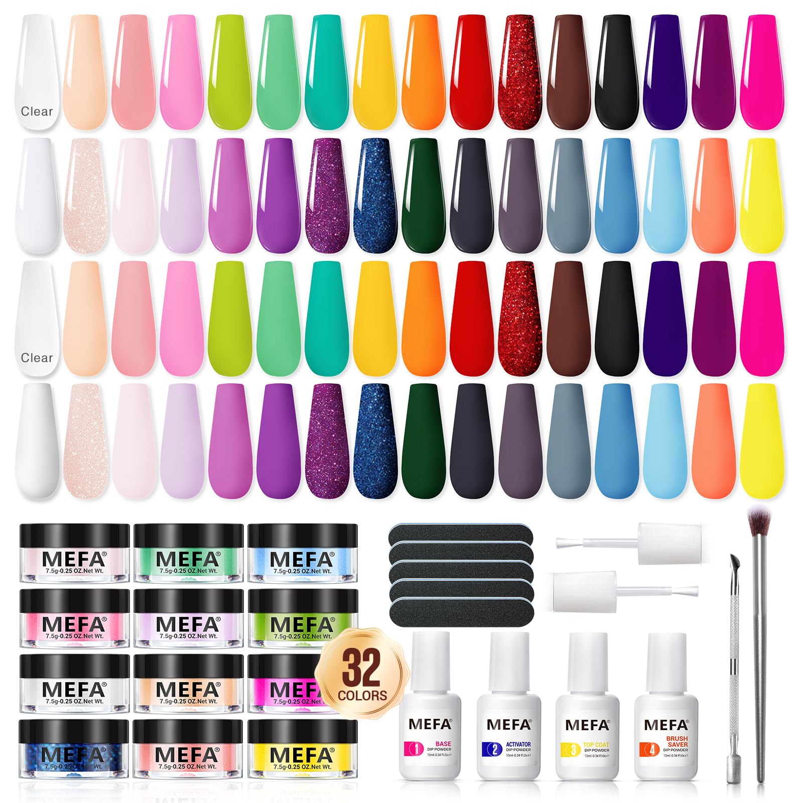 MEFA dip powder kit 32 colors display vibrant nail art possibilities.