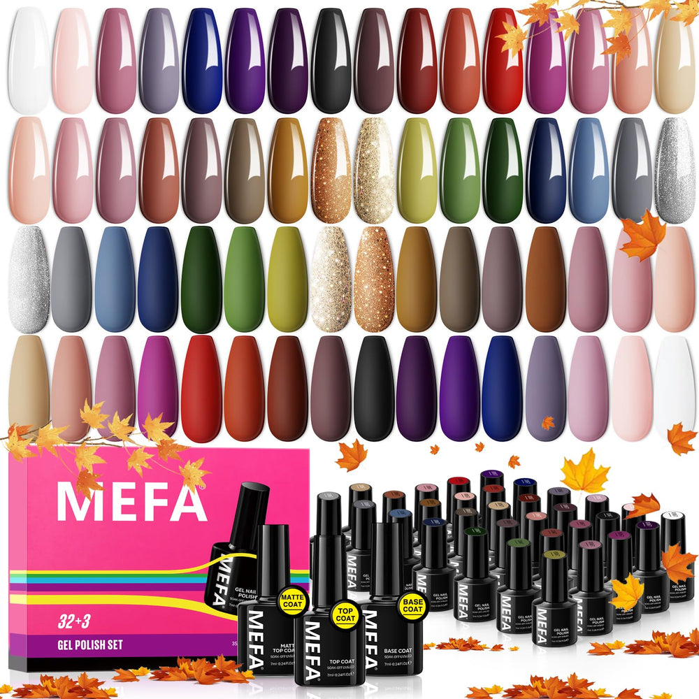 MEFA Fall Gel Nail Polish Set shows 32 colors in a lineup for versatile autumn looks