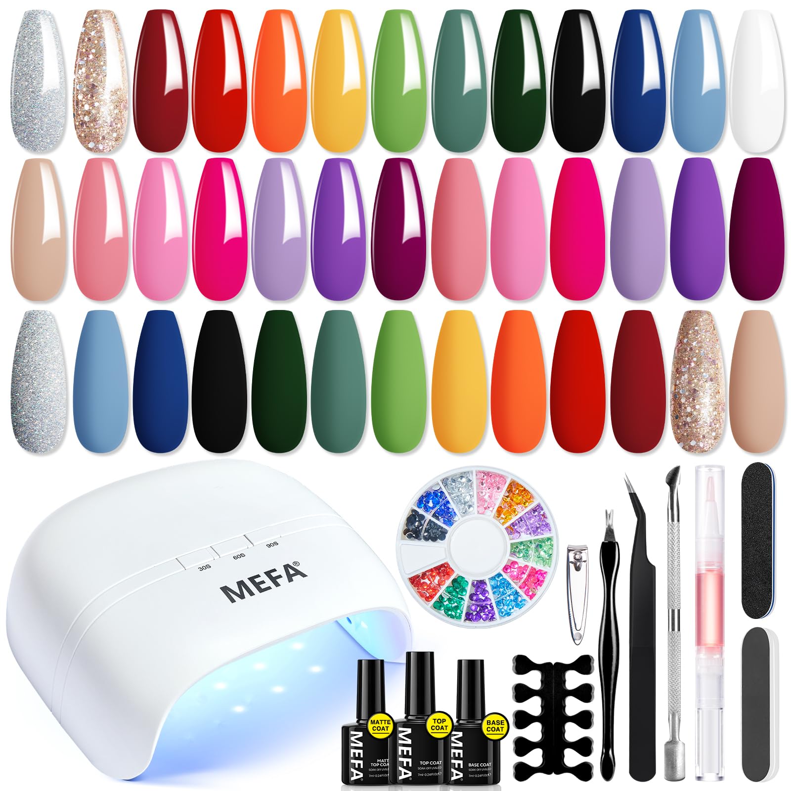 MEFA gel nail kit with 48W lamp and 20 colors for at-home salon-quality nails.