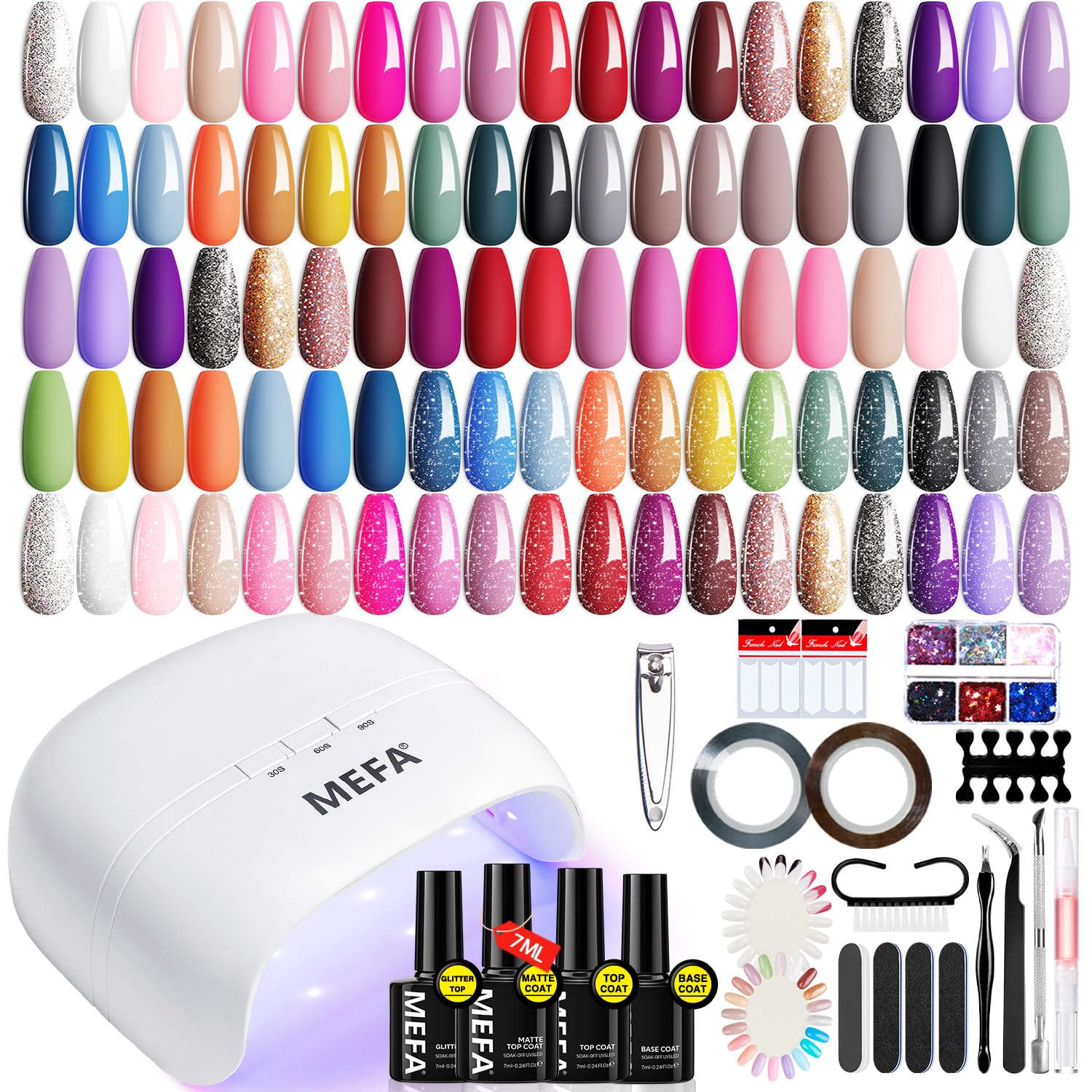 MEFA gel nail kit with 72W LED lamp for quick at-home manicures.