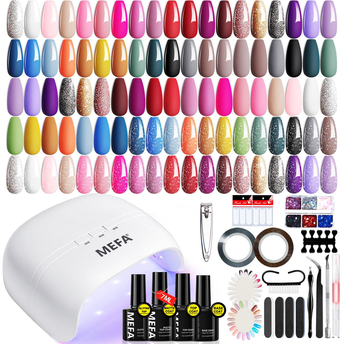 MEFA gel nail kit with 72W LED lamp for quick at-home manicures.