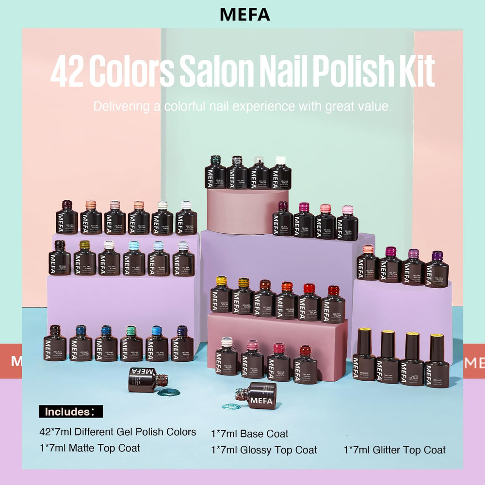 MEFA color swatches highlight diverse shades for personalized manicures.