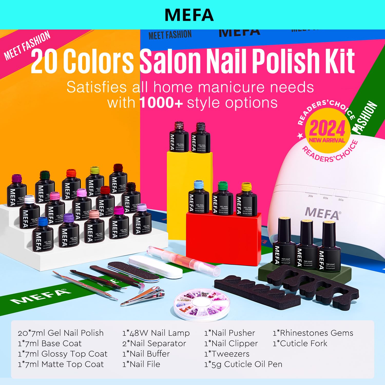 MEFA rhinestones and manicure tools for easy nail art at home.