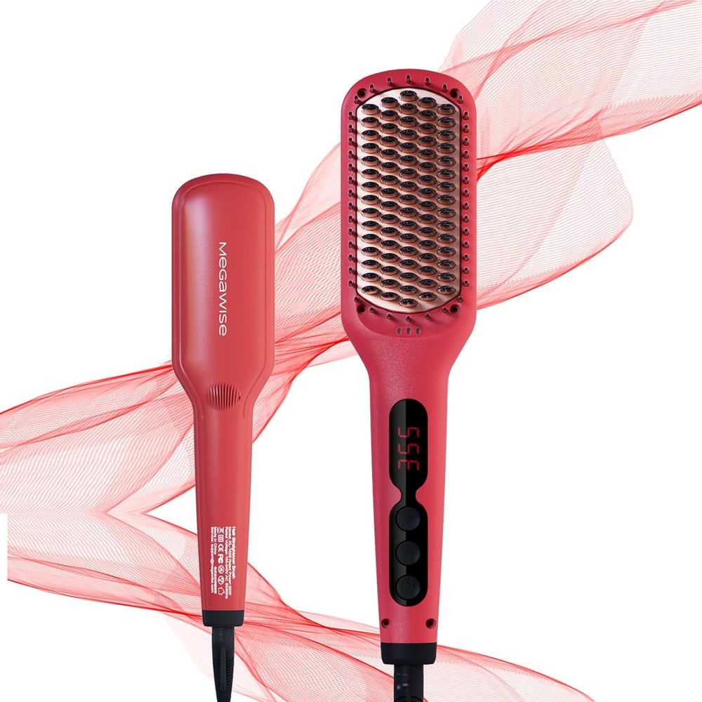 MEGAWISE Pro ceramic ionic straightener brush in use for smooth, frizz-free results