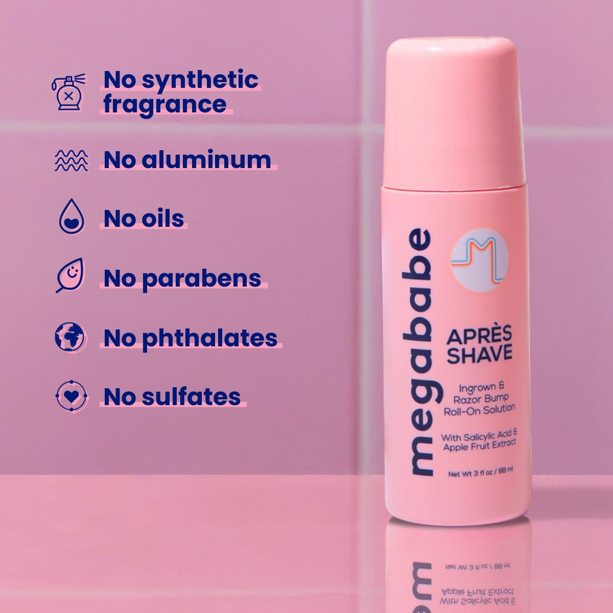Megababe Après Shave apple and witch hazel ingredients support gentle exfoliation