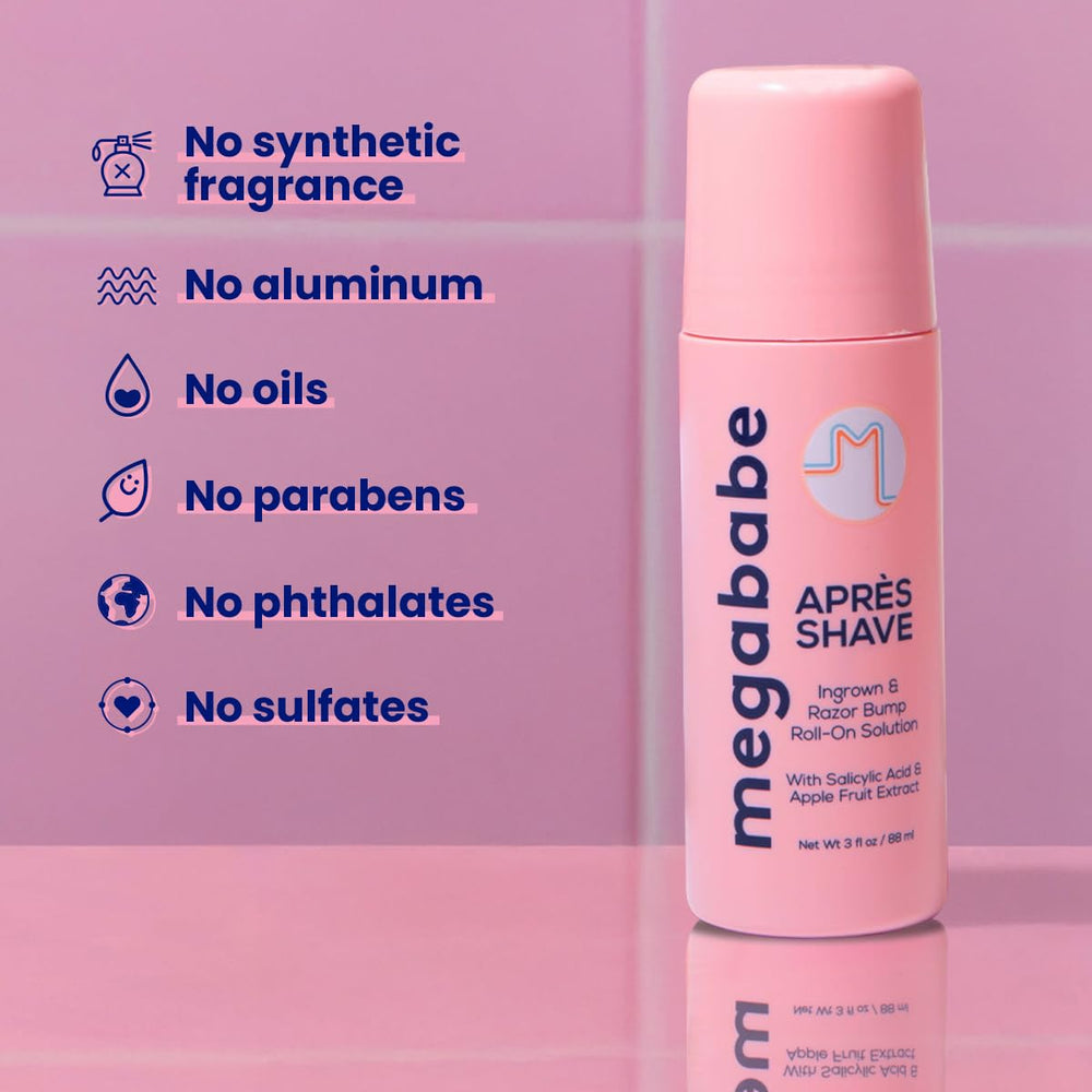 Megababe Après Shave apple and witch hazel ingredients support gentle exfoliation