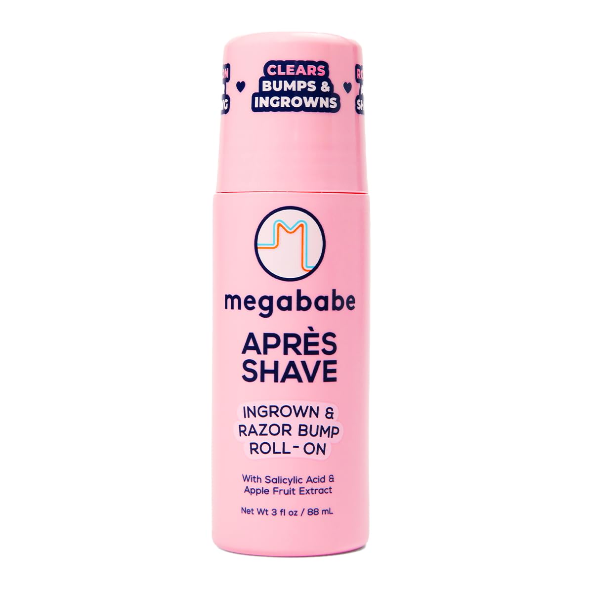 Megababe Après Shave bottle close-up with roll-on for easy, mess-free application