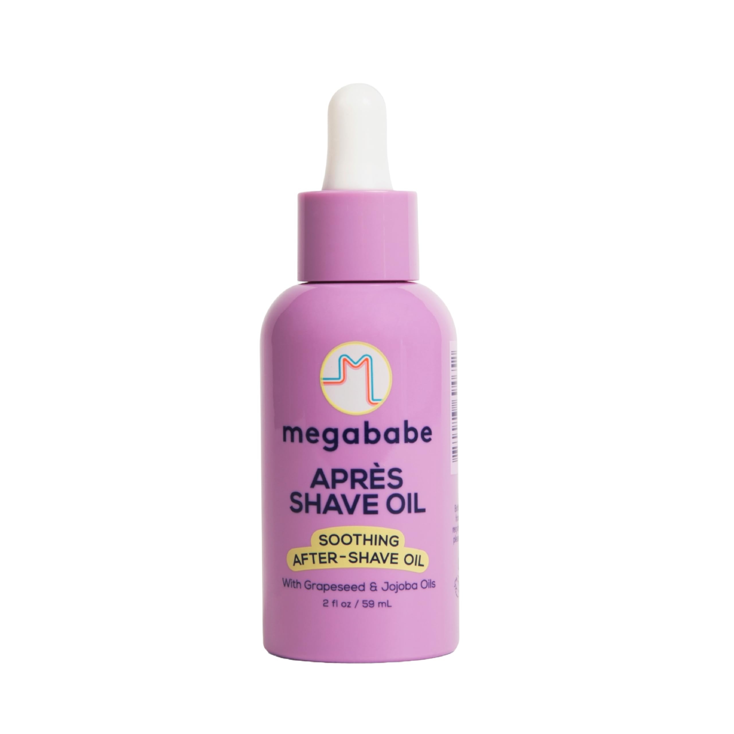 Megababe Après Shave Oil bottle close-up showing fragrance-free formula calming post-shave irritation