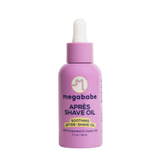 Megababe Après Shave Oil bottle close-up showing fragrance-free formula calming post-shave irritation