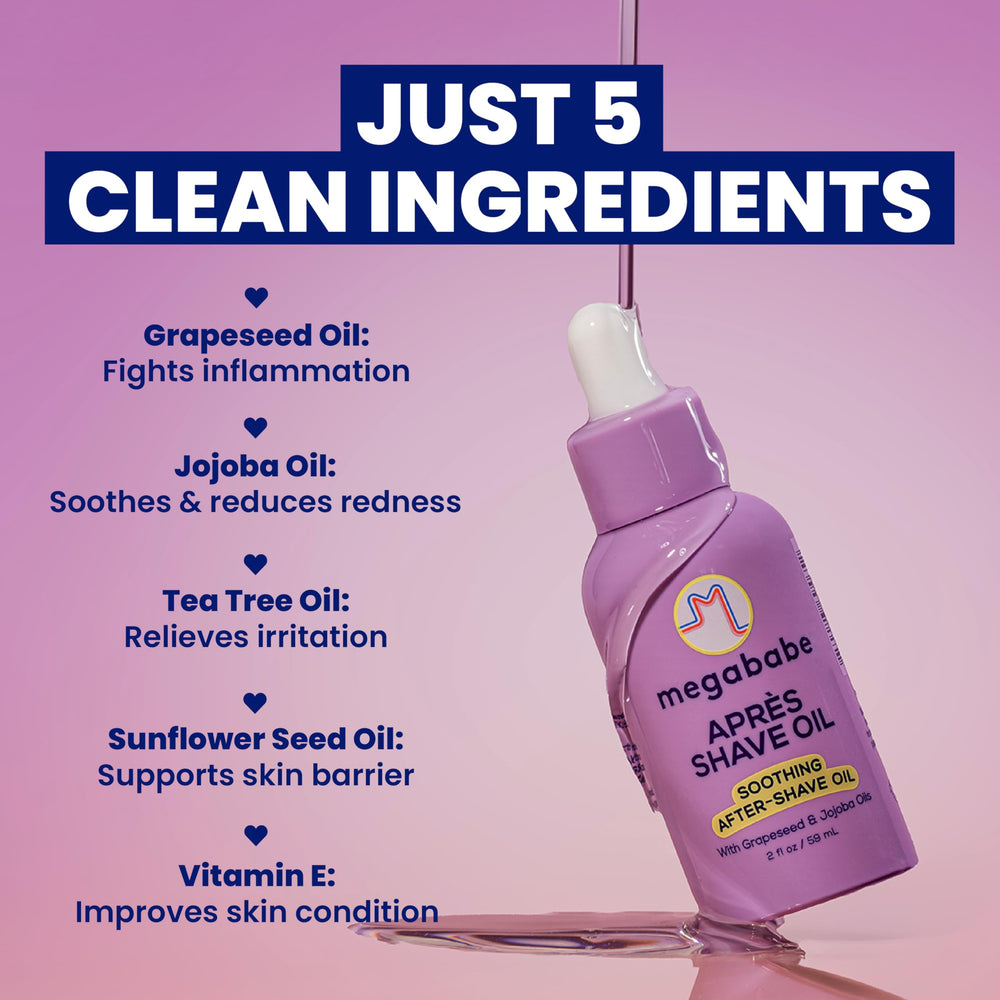 Megababe Après Shave Oil on shaved legs with quick absorption and non-greasy finish