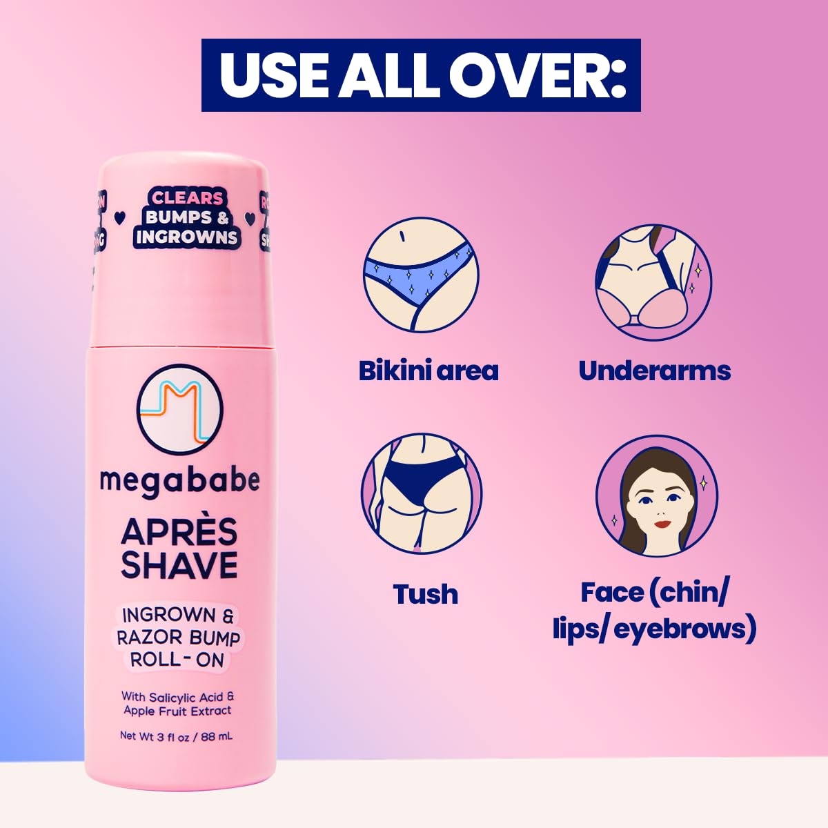 Megababe Après Shave roll-on applicator enabling precise, coverage-focused treatment