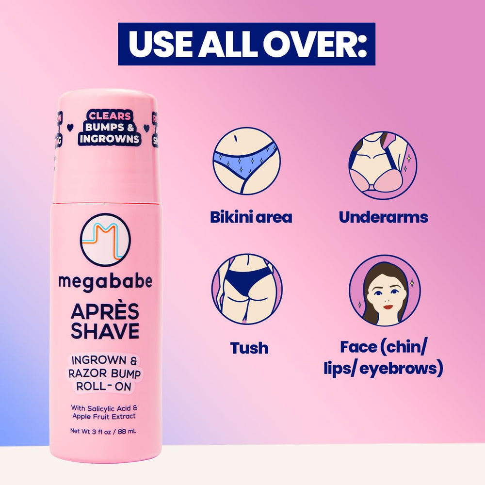 Megababe Après Shave roll-on applicator enabling precise, coverage-focused treatment