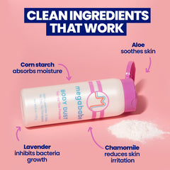 Megababe Body Dust application-hands demonstrates easy all-over use on sweaty areas