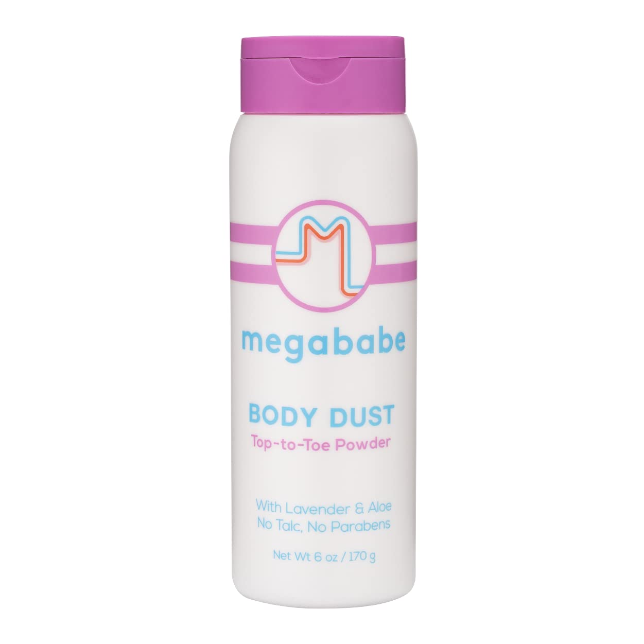 Megababe Body Dust bottle pour shows talc-free absorption for dry skin and comfort