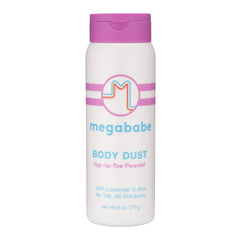 Megababe Body Dust bottle pour shows talc-free absorption for dry skin and comfort