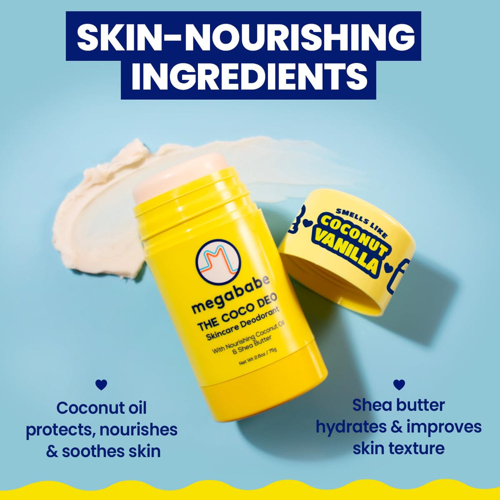 Megababe Coco Deo nourishing coconut oil supports skin during wear