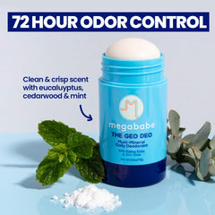 Megababe Geo Deo ingredients include multi-mineral blend for odor control and skin comfort.