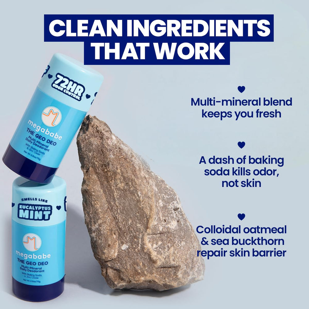 Geo Deo packaging swatch shows aluminum-free, skin-friendly formula for sensitive pits.