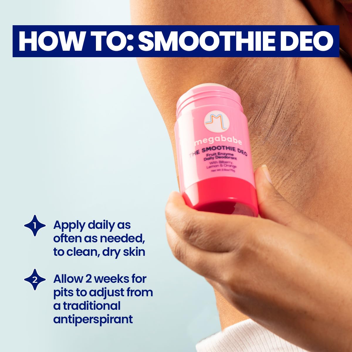 Megababe Daily Deodorant highlights pH balancing enzymes for odor control.