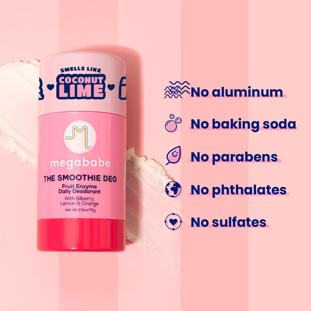 Megababe Smoothie Deo stick emphasizes silky texture for comfortable use.