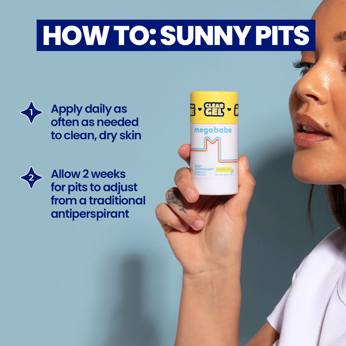 Compact Megababe Sunny Pits packaging highlighting aluminum-free formula and lemon scent