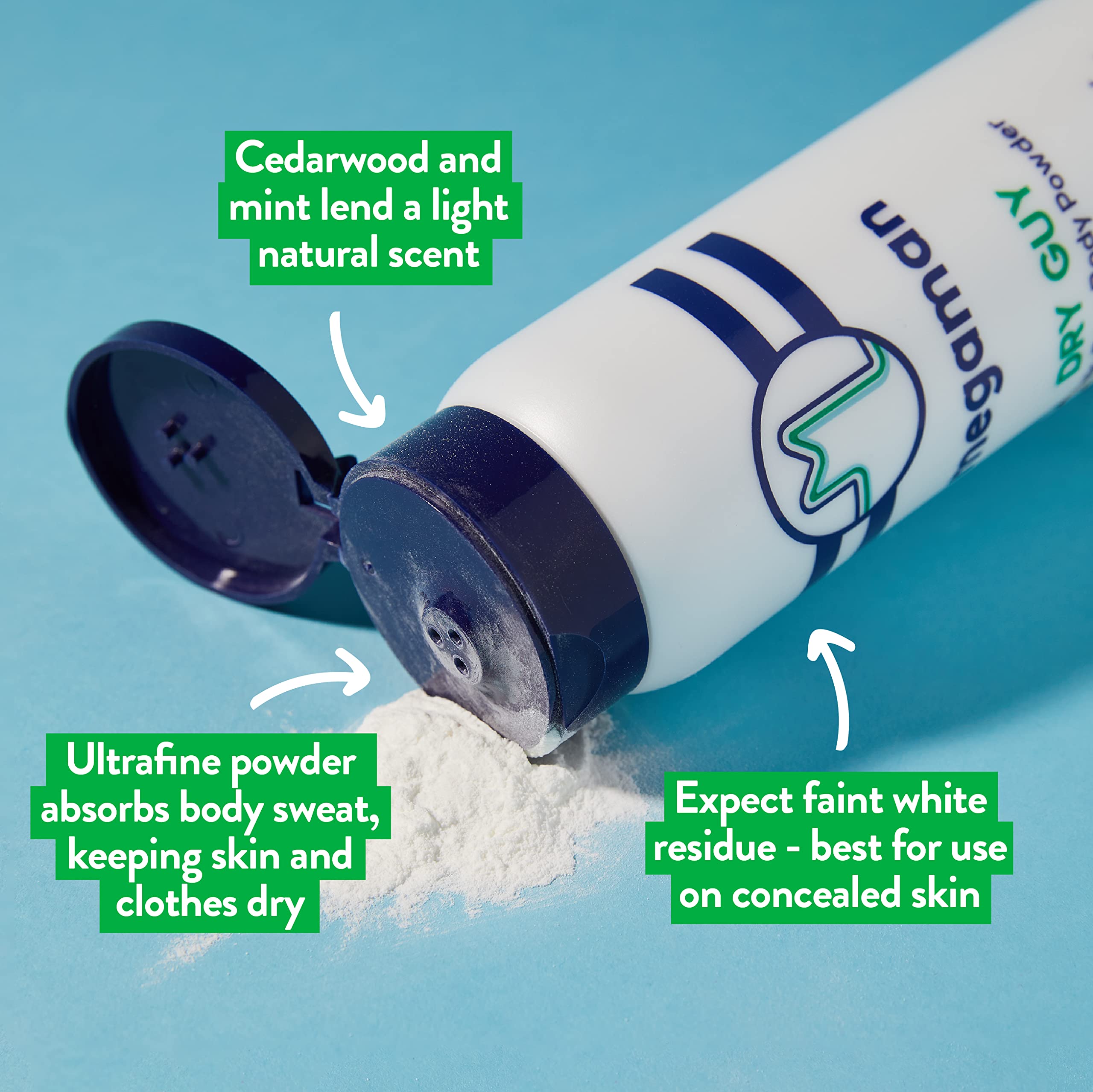 Megababe Dry Guy powder being applied for sweat control and rash prevention.