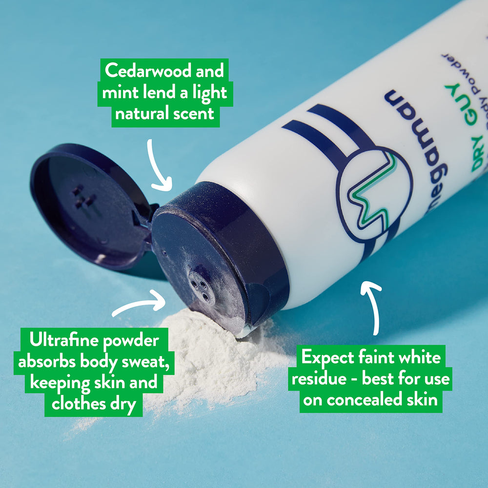 Megababe Dry Guy powder being applied for sweat control and rash prevention.