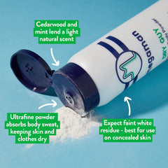 Megababe Dry Guy powder being applied for sweat control and rash prevention.