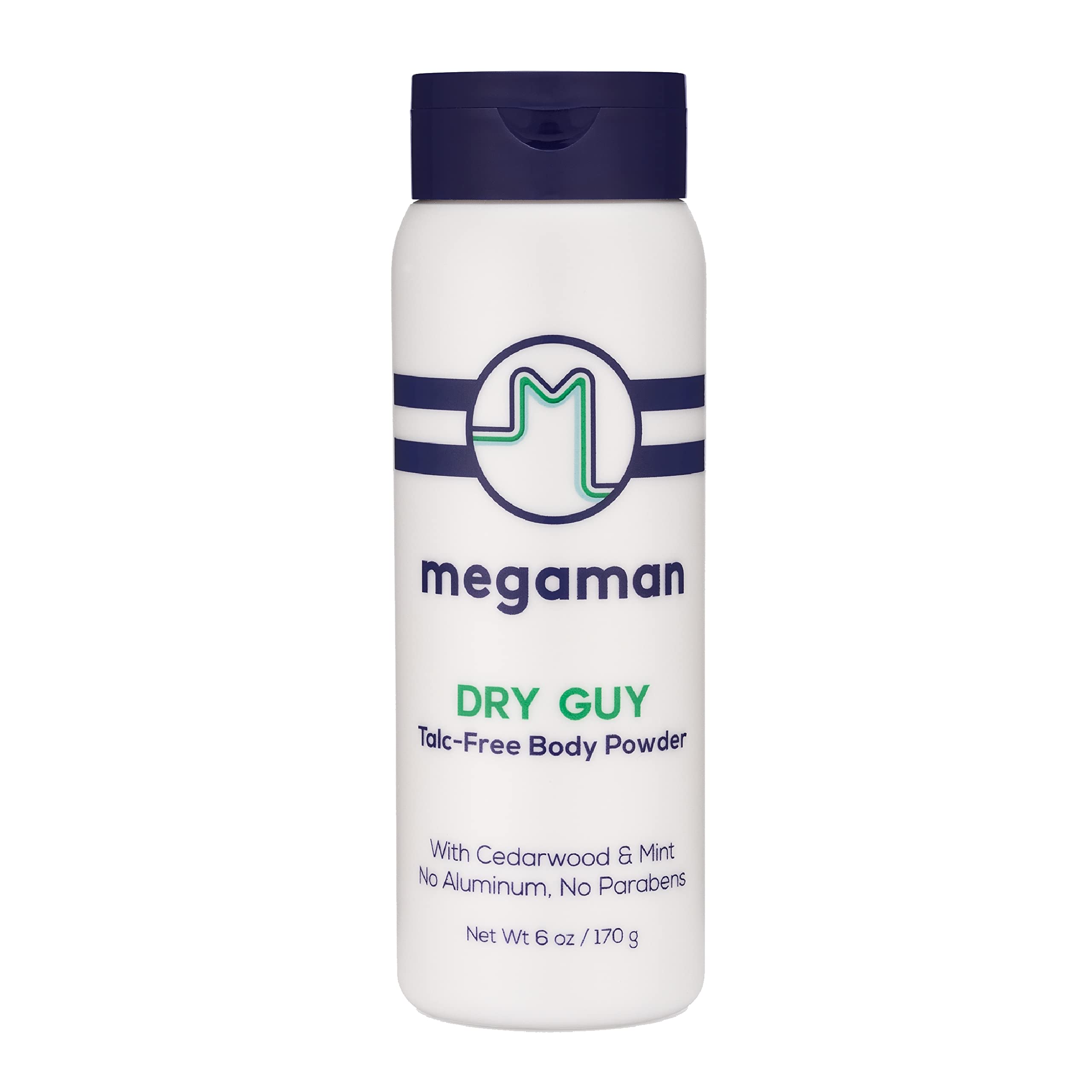 Megababe Dry Guy powder bottle front offers talc-free all-day comfort.