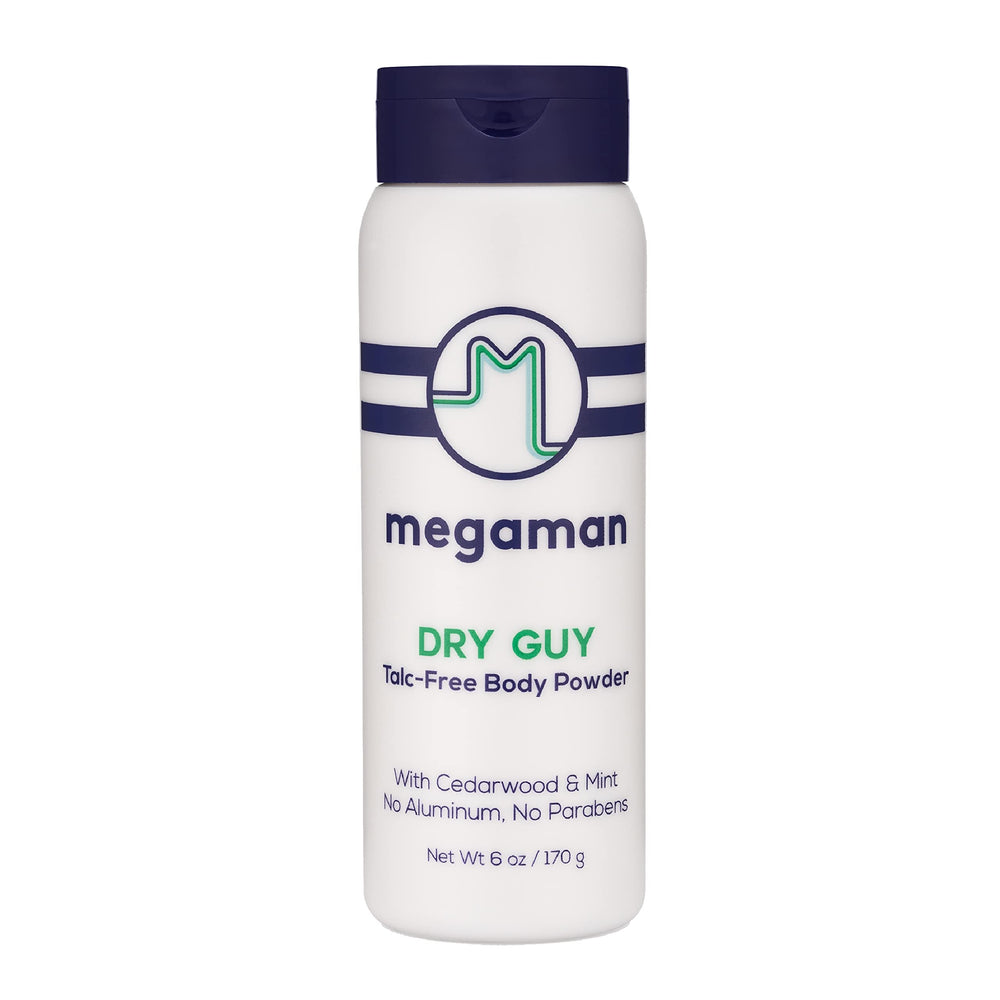 Megababe Dry Guy powder bottle front offers talc-free all-day comfort.