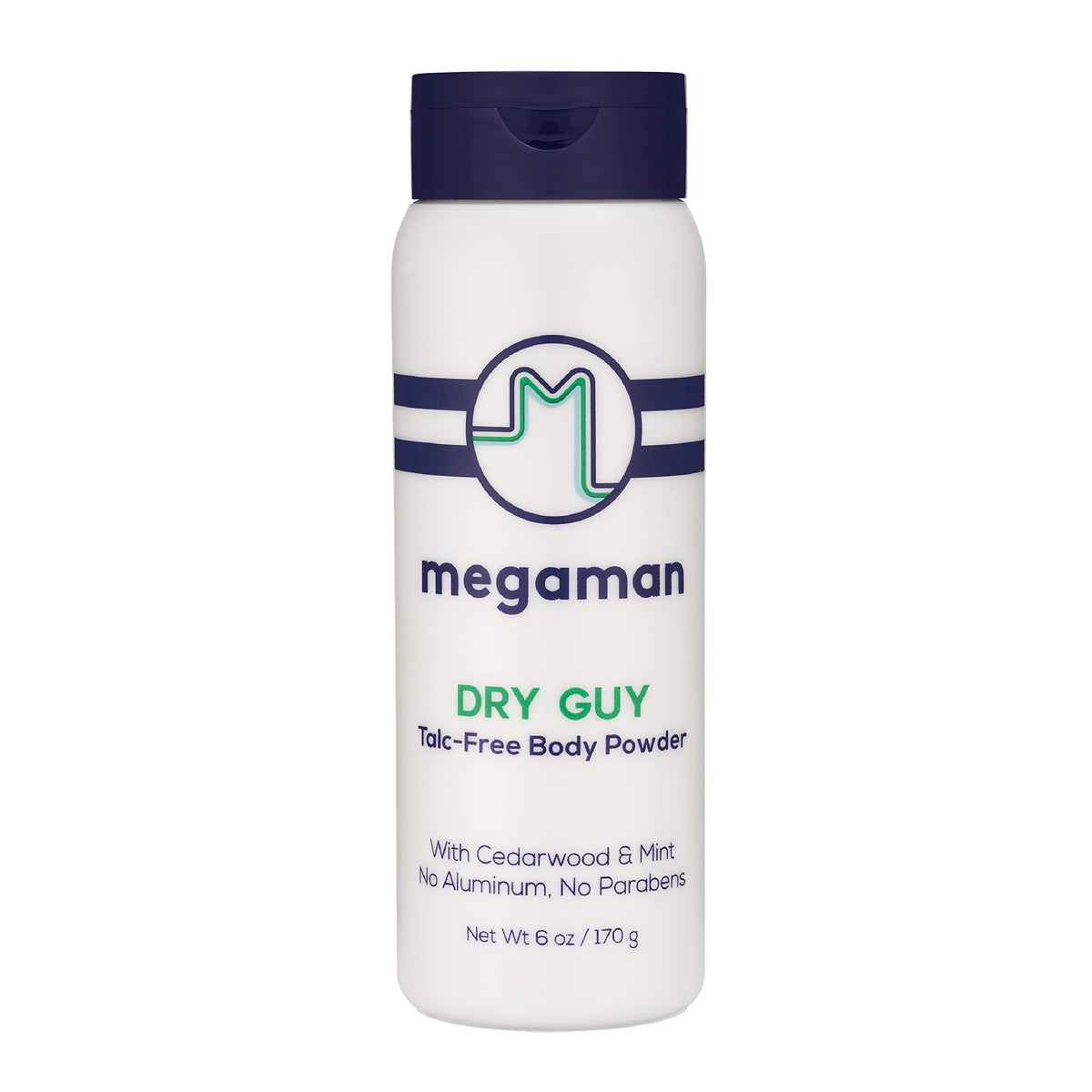 Megababe Dry Guy powder bottle front offers talc-free all-day comfort.