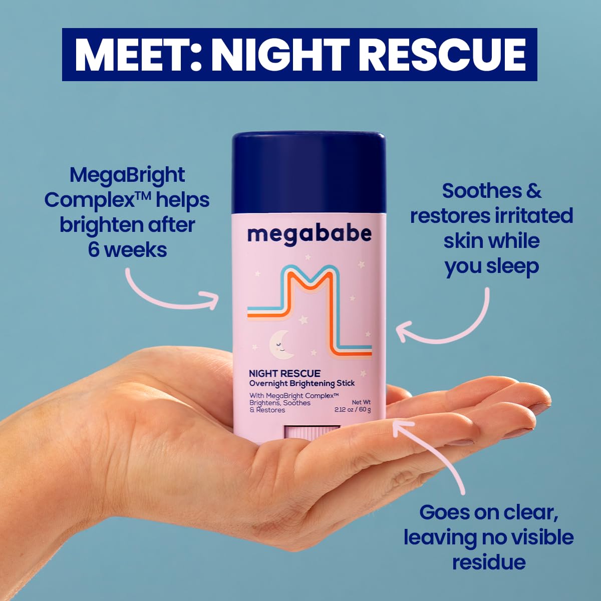 Megababe Night Rescue ingredients closeup highlights niacinamide and Kakadu plum for even skin tone.