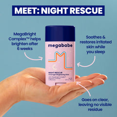 Megababe Night Rescue ingredients closeup highlights niacinamide and Kakadu plum for even skin tone.