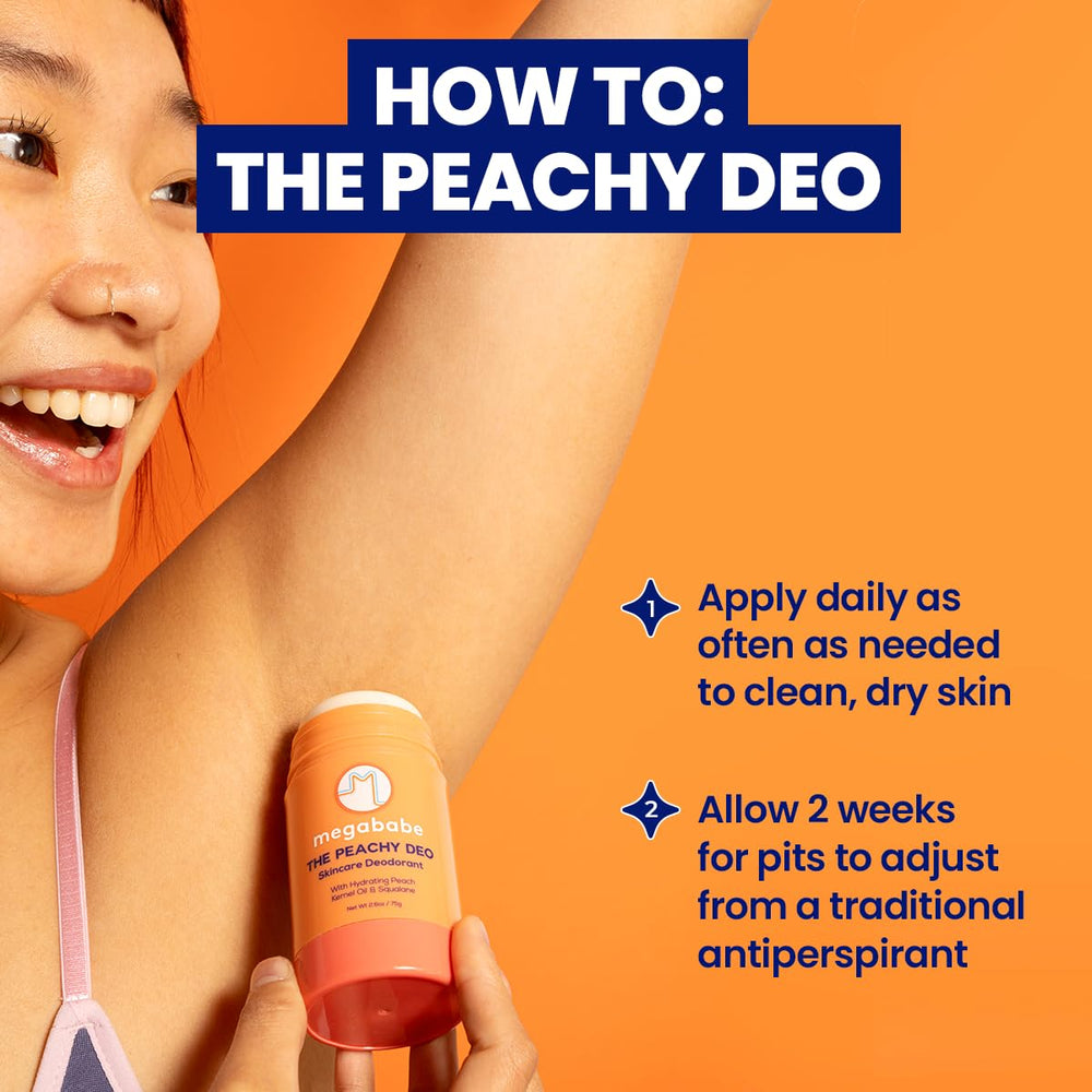 Megababe Peachy Deo dermatologist-approved formula emphasizes safety for sensitive skin.