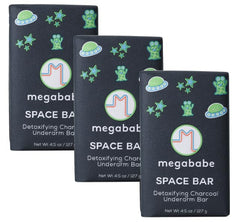 Megababe Space Bar three-pack front view for everyday underarm cleansing and odor control