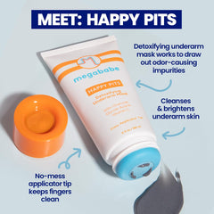 Megababe Happy Pits jar close-up with charcoal and vitamin C for pores