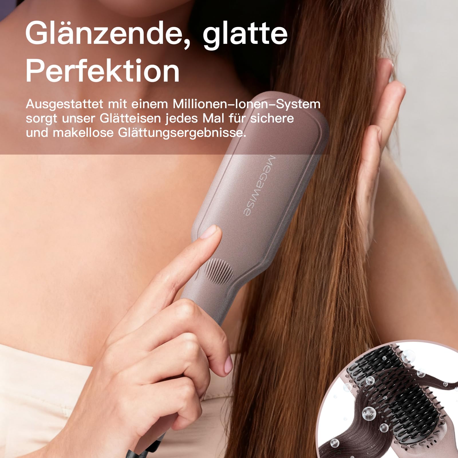 MEGAWISE hair straightener ceramic brush pink in-use demonstration for one-pass fast smoothing.