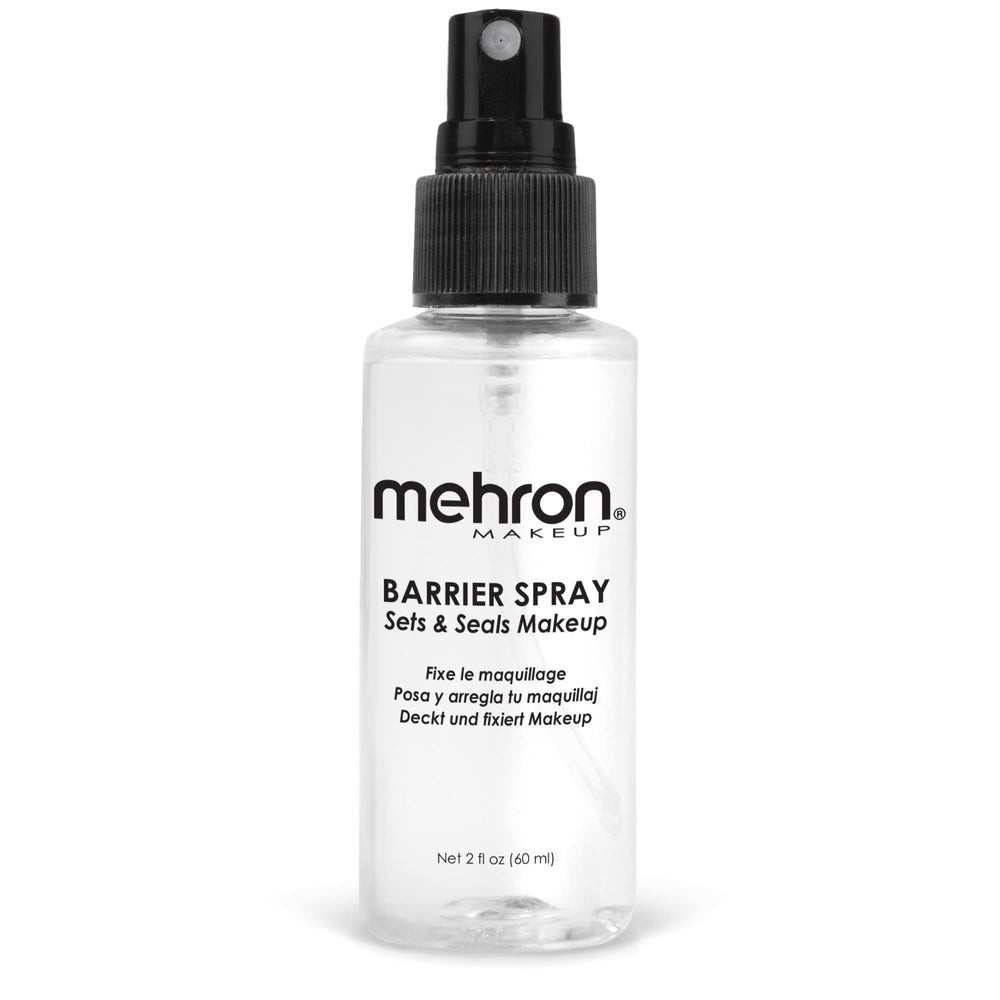 Mehron Makeup Barrier Spray bottle close-up showing long-wear protection for all-day makeup