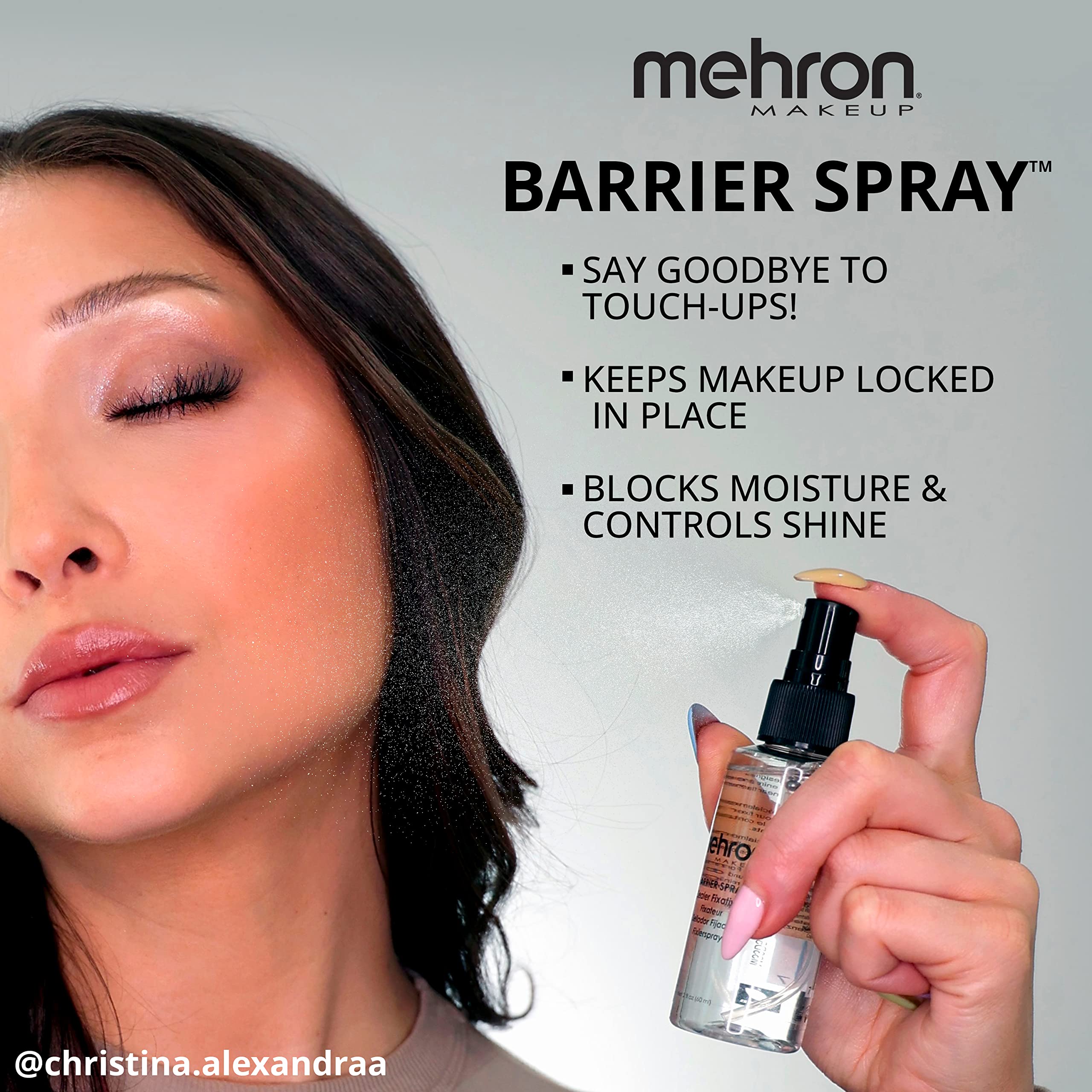 Mehron Barrier Spray mist application demonstrating transfer-proof finish for performances