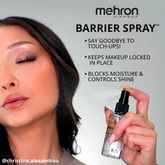 Mehron Barrier Spray mist application demonstrating transfer-proof finish for performances