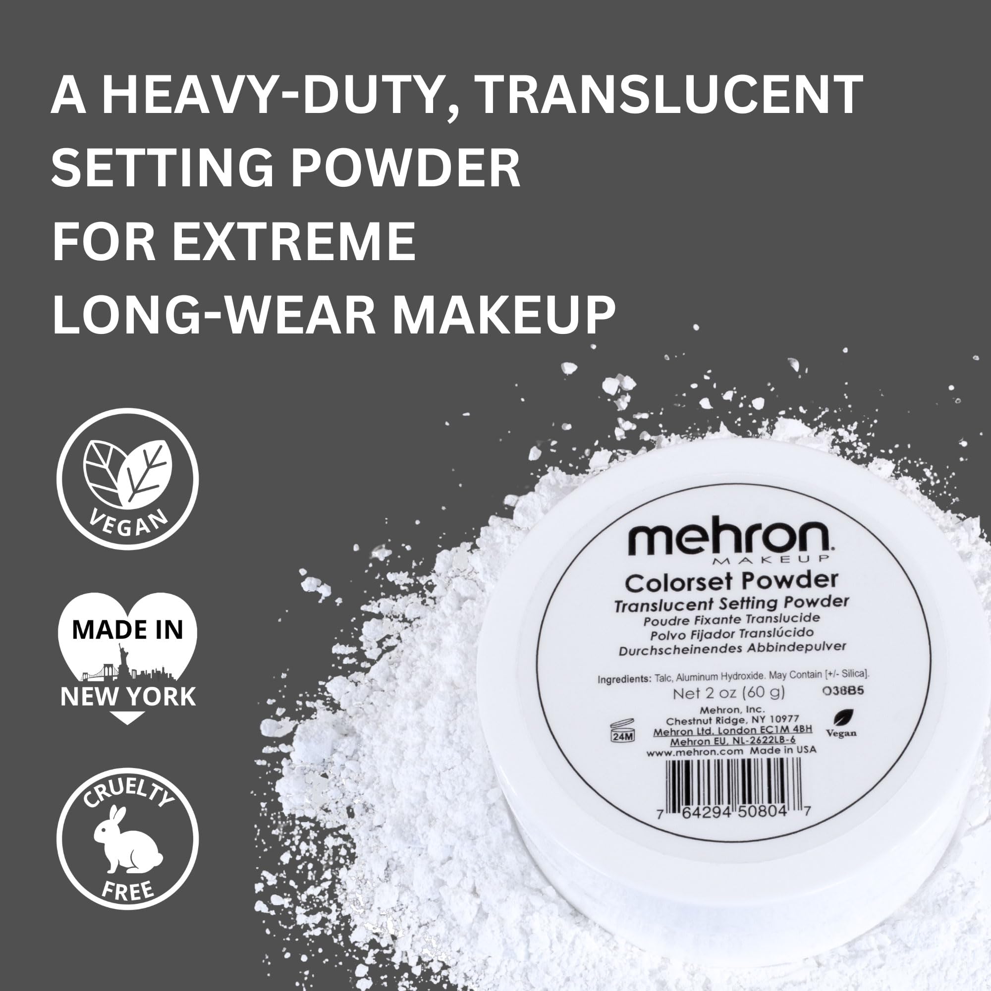 Closeup of Mehron Colorset Powder jar showing texture for ultra-matte finish on makeup